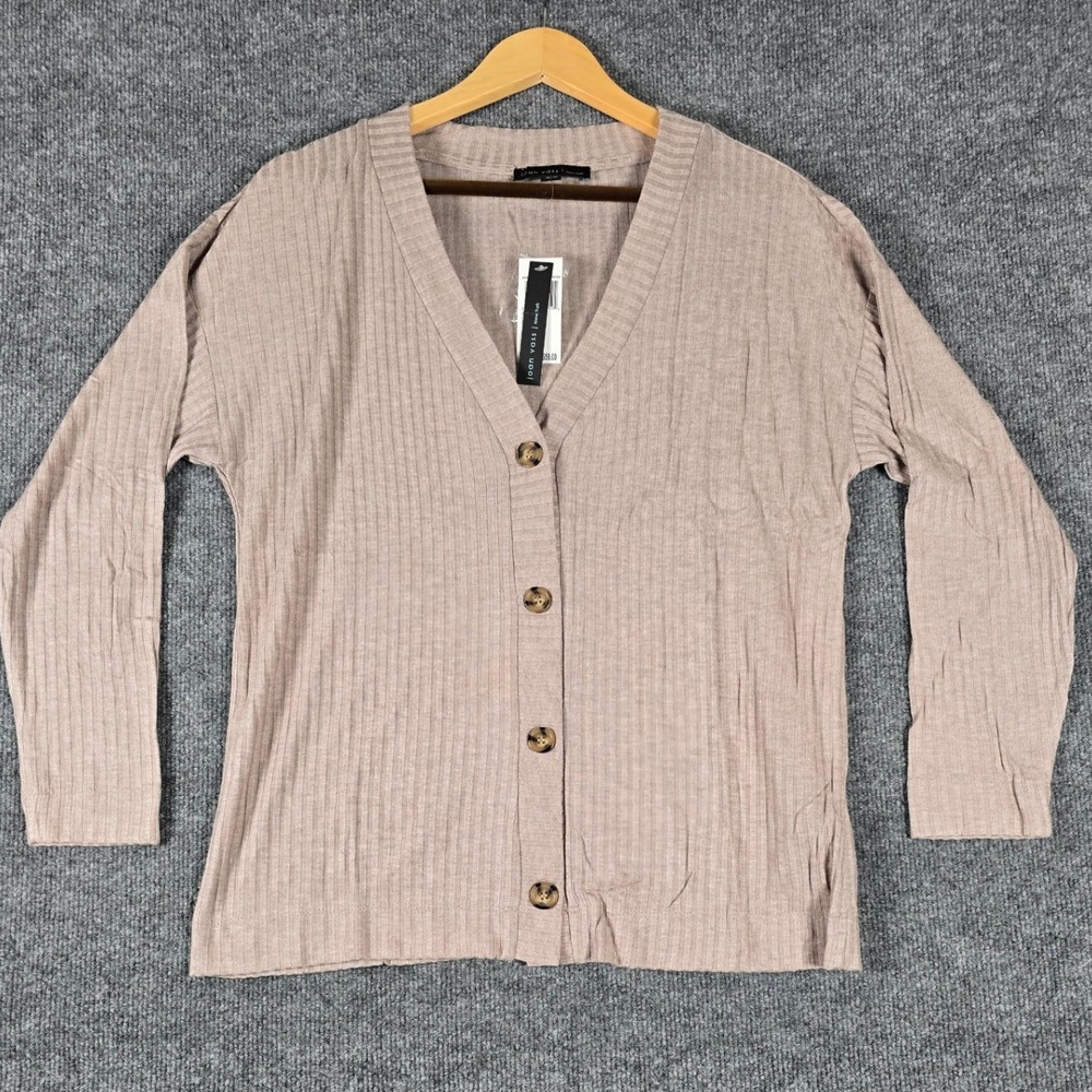 Joan Vass New York Oatmeal Heather Ribbed Knit Button Cardigan Sweater M‎